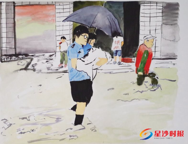 　　邓想财作品主角的原型都是身边同事。图为邓想财描绘洪水中交警救助受灾群众的场景。均为章帝摄