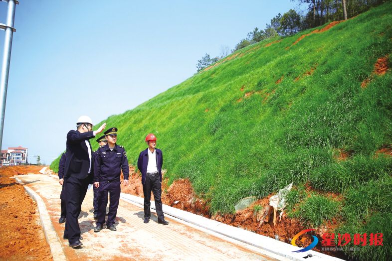 　　思源东路项目现场一侧边坡绿草盈盈，实现撒草籽、防尘网覆盖。 盛磊 摄