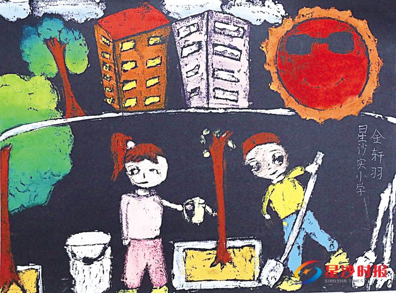 　　绘画组一等奖作品《植树》，作者为星沙实验小学金轩羽。