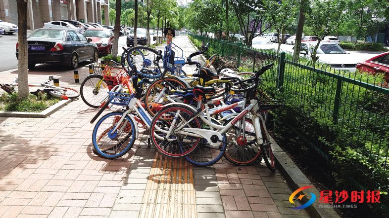 　　←星沙街道东一路未来漫城对面，共享单车乱堆乱放，占盲道。均为资料图片
