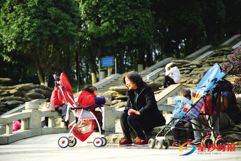 家长们结伴推着家中宝宝出来晒太阳,呼吸雨后清新的空气。