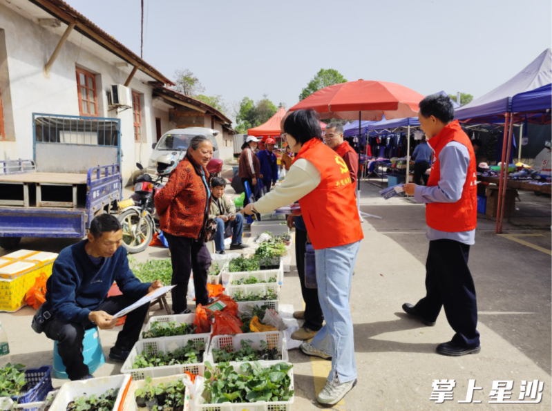 工作人员向群众派发宣传单。开慧镇供图