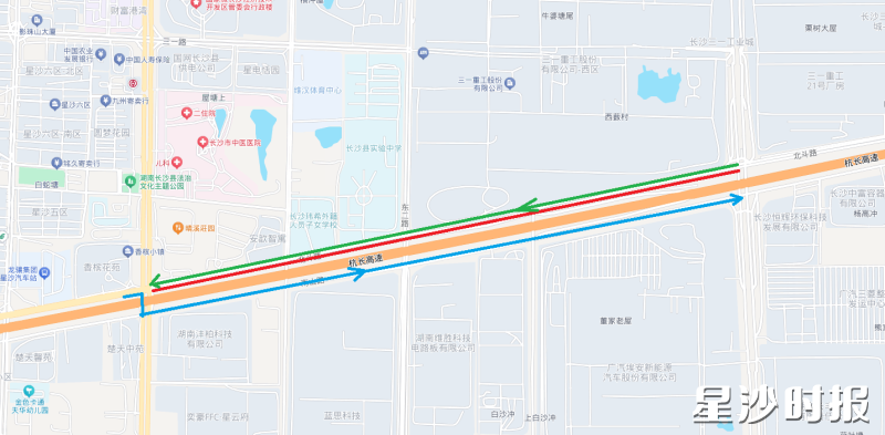 北斗路的星沙大道至东三路路段施工示意图。