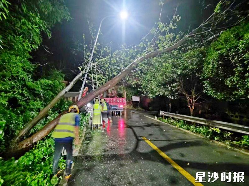 黄花镇工作人员正在清理倒在路上的树木。均为黄花镇供图 黄花镇工作人员正在清理倒在路上的树木。均为黄花镇供图