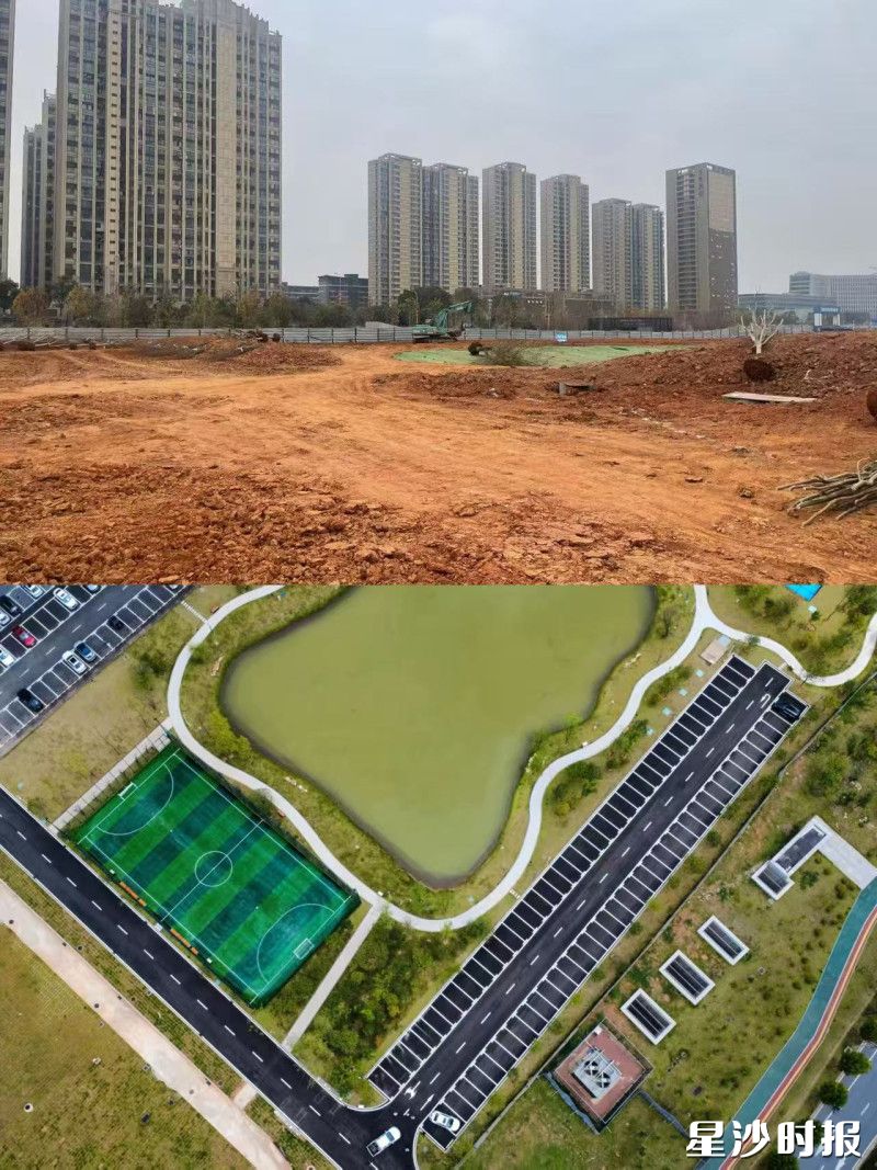 长沙经开区黄兴大道与人民东路交叉口西北角地块复绿工程改造前后对比图。