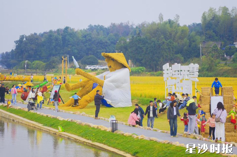 “我在开慧有丘田”的田埂上,孩子们穿梭在巨型稻草人旁嬉戏。章帝 摄 “我在开慧有丘田”的田埂上,孩子们穿梭在巨型稻草人旁嬉戏。章帝 摄