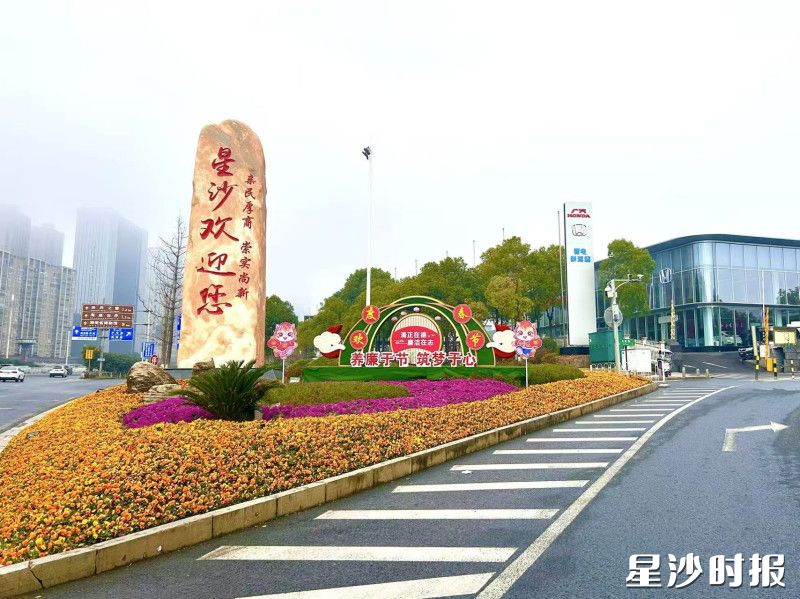 长永高速三一大道收费站出入口，鹤望兰、火焰南天竹、狐尾天门冬等十余种绿植花卉搭配成景，色彩层次丰富，生机盎然。长沙县城管局供图