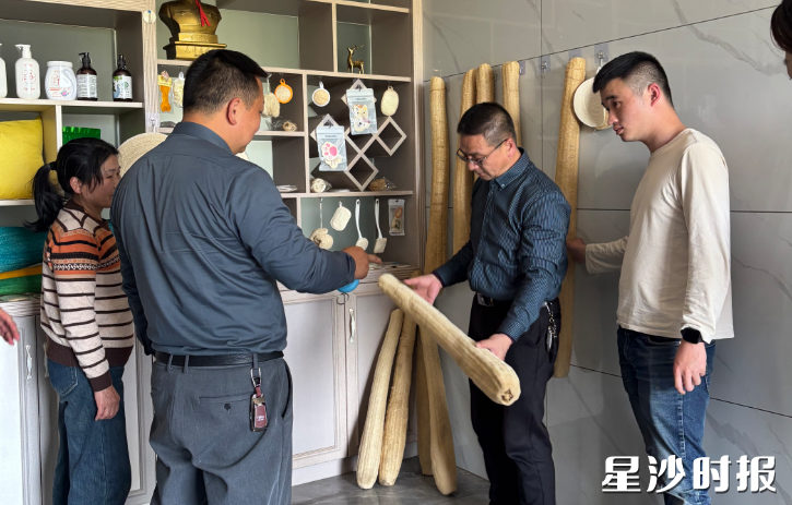 金井镇观佳村村“两委”成员在岳阳实地考察丝瓜络全产业链。均为金井镇供图