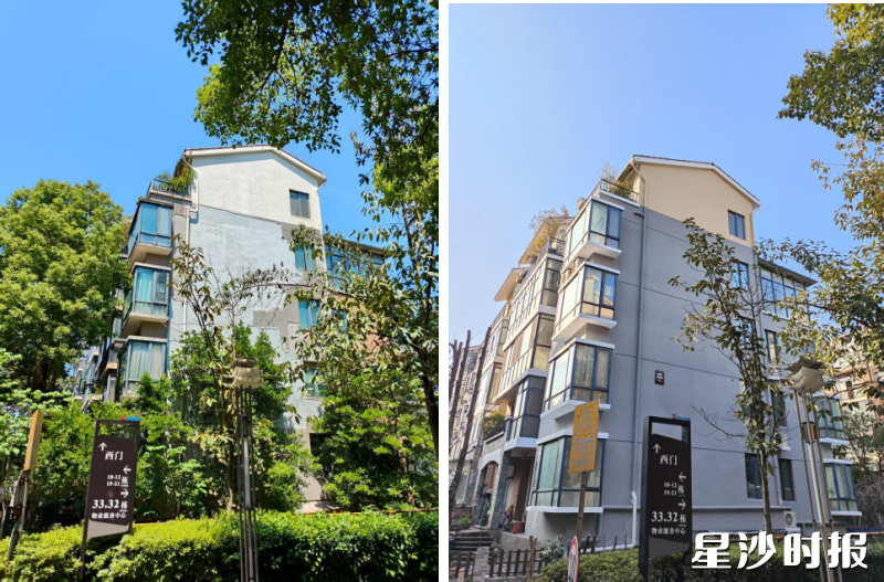 同一栋楼外墙修复前（左）和修复后（右）的对比图。均为县住房城乡建设局供图