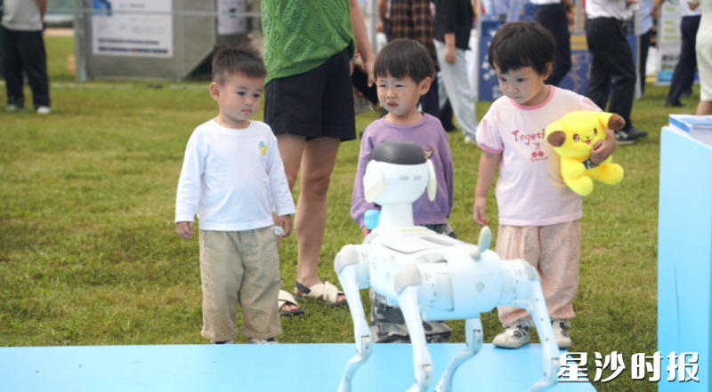 孩子们与机器狗热闹玩耍。 孩子们与机器狗热闹玩耍。