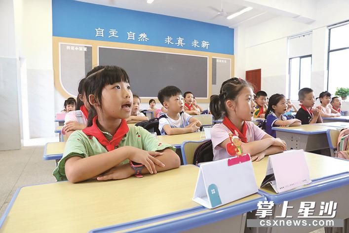 新教室、新课桌、新老师、新同学，系上红领巾，端正坐好，第一师范学院星沙实验小学学生正全神贯注听老师讲课。