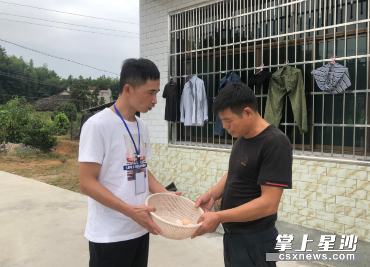 龙华山村驻村第一书记陈鸽（左）来到周家冲组陈志伟家收鸡蛋帮卖。