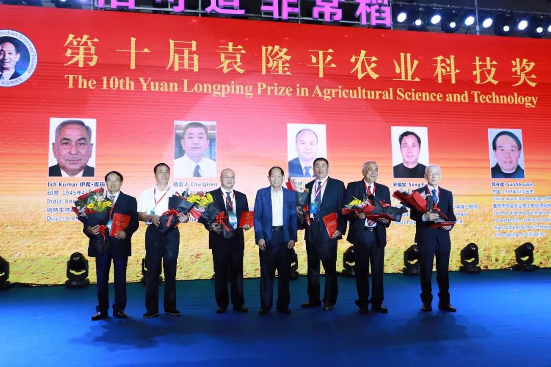 袁隆平为六位获得第十届袁隆平农业科技奖人员颁奖。章帝 摄