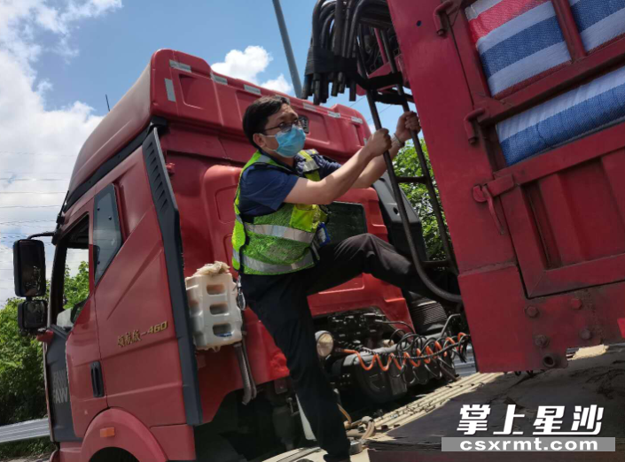 图为虞喜悦爬上绿通车对货物进行查验。