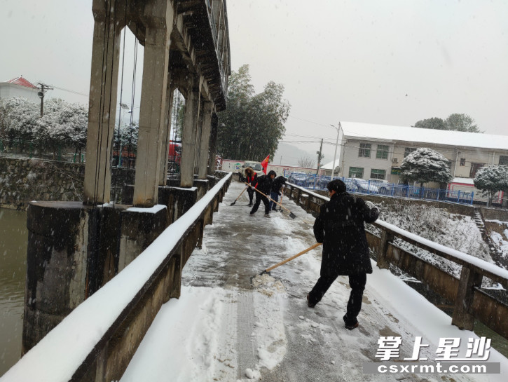 金江新村党员干部、入党积极分子、志愿者齐心协力为金江坝新桥、老桥、大坝桥铲雪清障撒盐，为群众出行保驾护航。均为果园镇供图