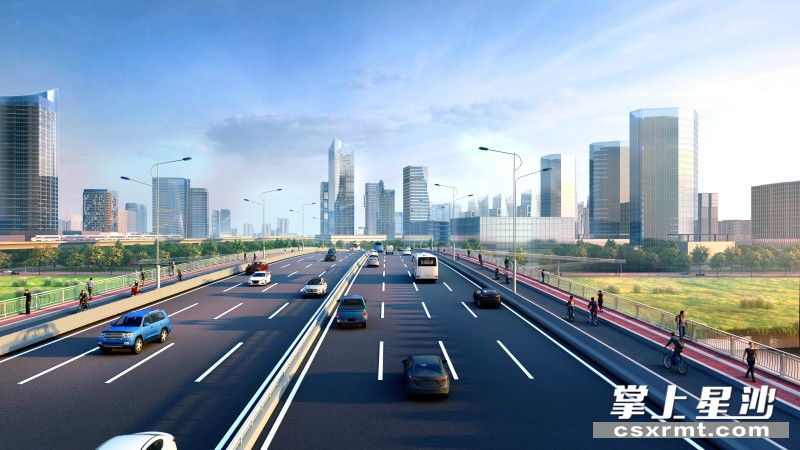 捞刀河大桥规划了双向八车道，是金安大道项目的控制性工程。效果图