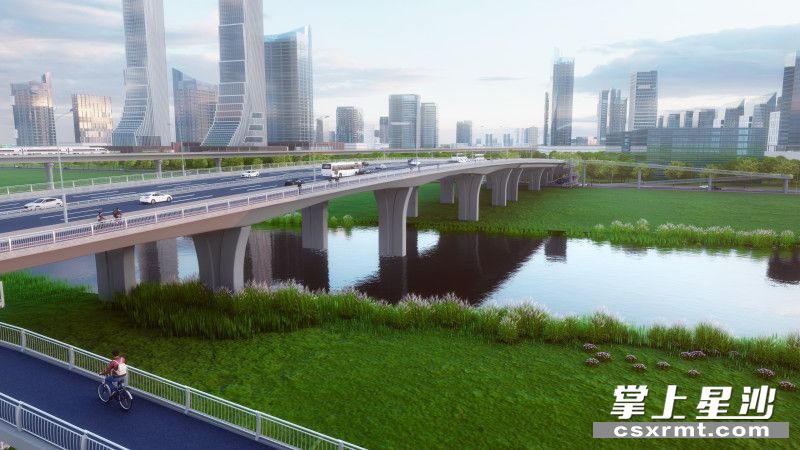 捞刀河大桥规划了双向八车道，是金安大道项目的控制性工程。效果图