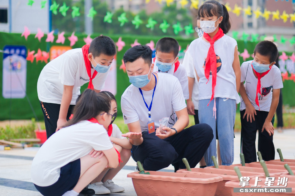 杜盼给学生详细讲解了农场的种植管理和注意事项。章帝 摄