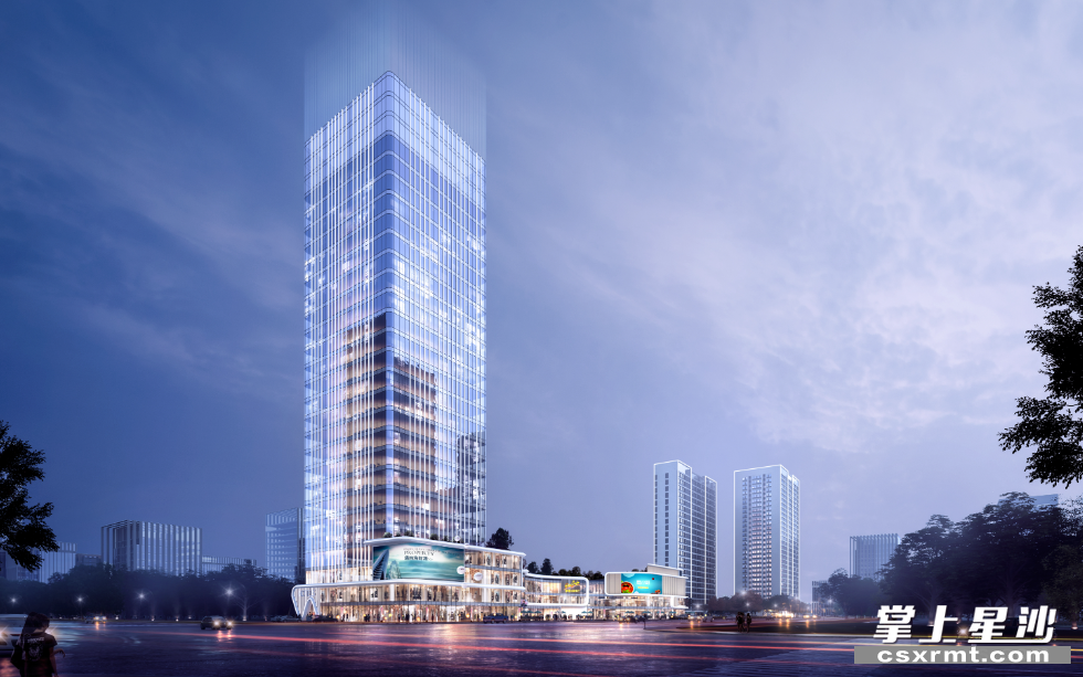 人才公寓效果图。左侧为写字楼及裙房商业配套，右侧为两栋公寓。