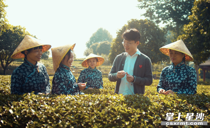 汤程霖（右二）与茶农交流茶叶春茶采摘情况。均为企业供图