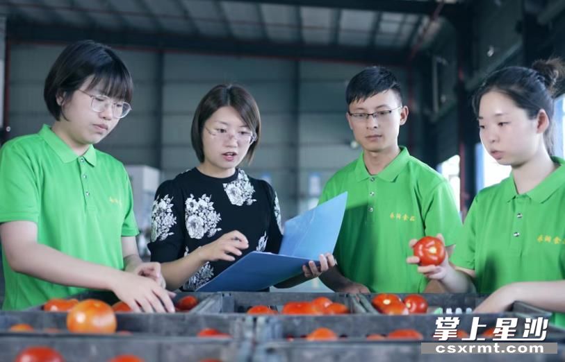 刘洋（左二）与员工在查看产品。