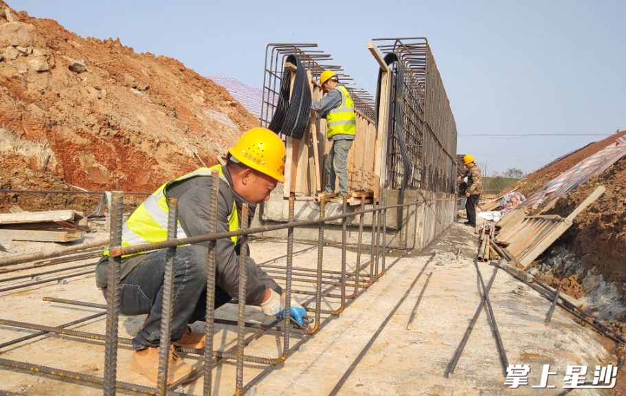 长沙县回龙垸堤防达标工程（二期）项目现场，工人们正在有序施工。