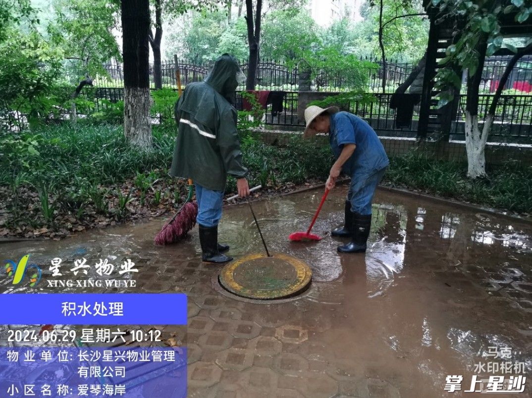 爱琴海岸小区，星兴物业清理小区积水。