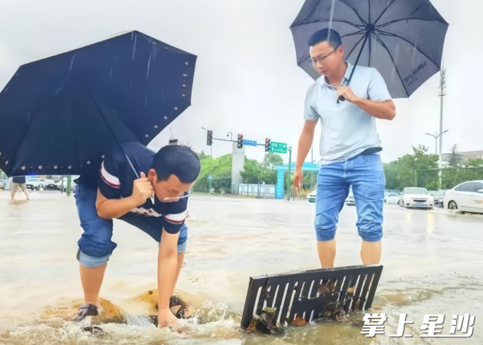 泉塘街道基层干部进行汛期水沟排查行动。