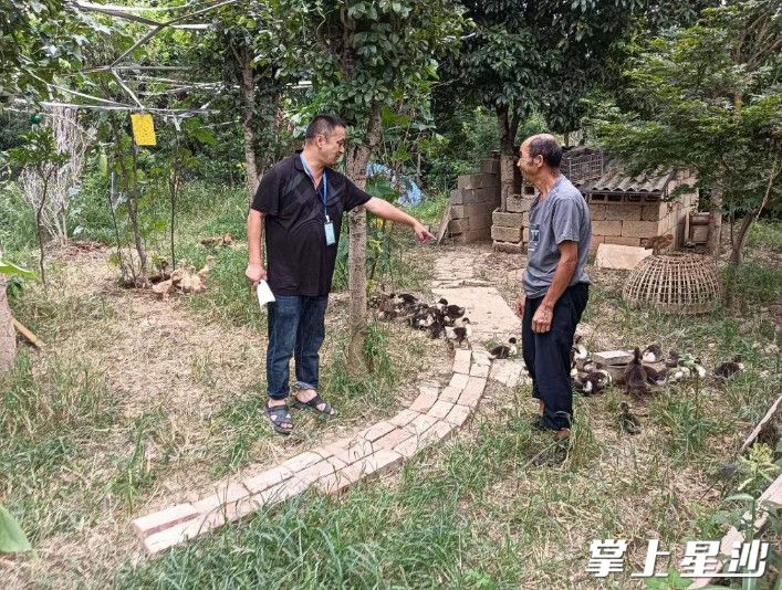 周文华（左）与组上爱心人士一起，每年给困难群众免费发放鸡鸭苗，帮助他们增加经济收入。江背镇 供图