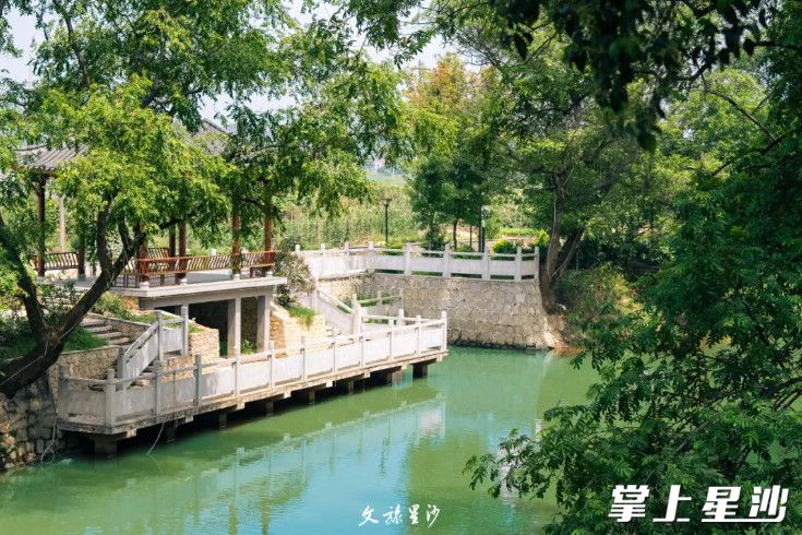 郭桥下流着金井河水，两岸长满了树，岸边有人行步道，很适合散步。