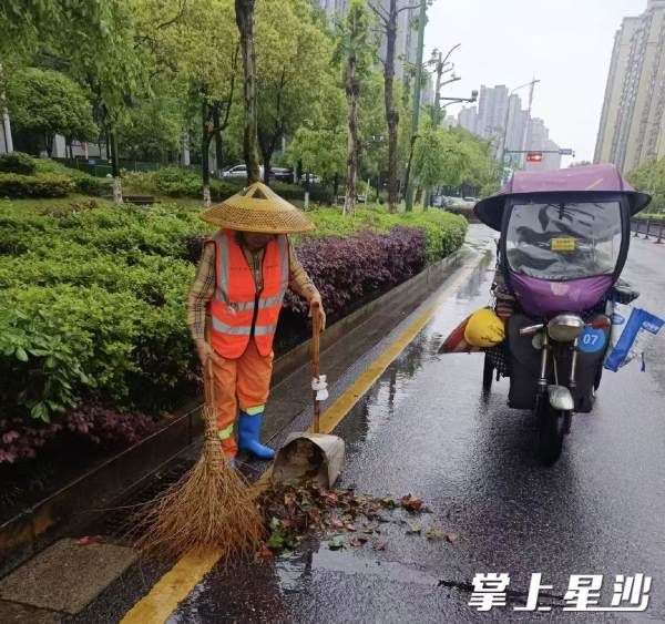 环卫工人正在清扫落叶。