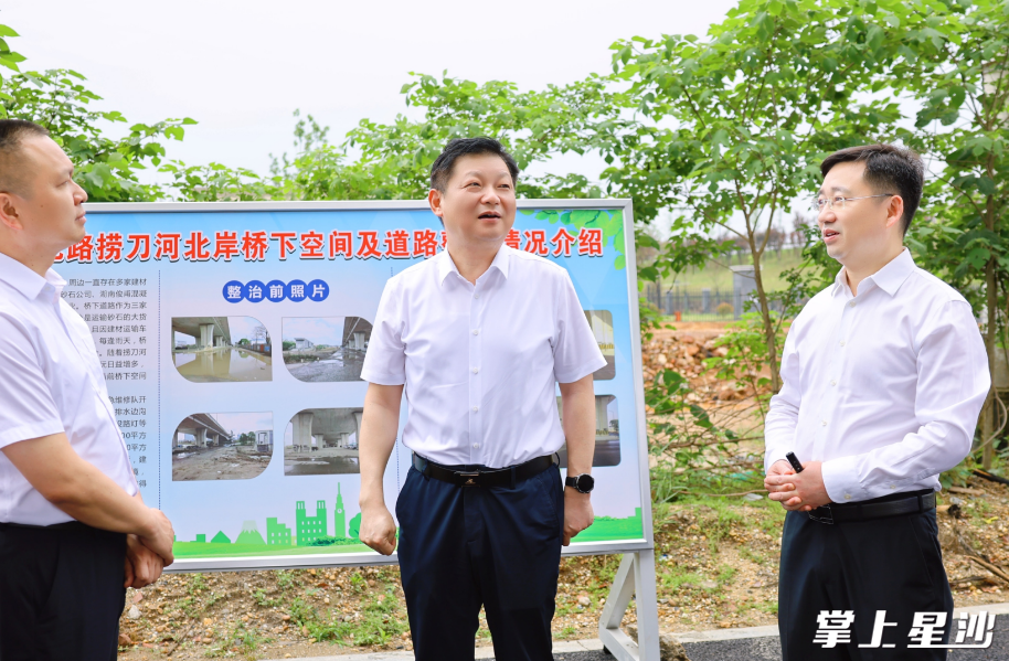 付旭明在万家丽北路捞刀河桥下空间，督导桥下空间治理及防涝情况。均为曾诗怡 摄