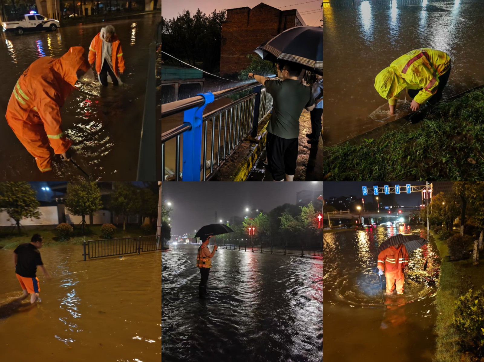 㮾梨街道组织各部门协同作战，连夜打开道路雨水箅子并清理下水井积物，并查看重点涉水工程建设工地水位情况，采取应急排涝措施。